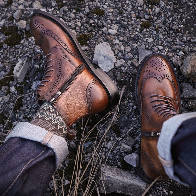 8 Hole zipper brogue engraved martin boots round high top ankle boots