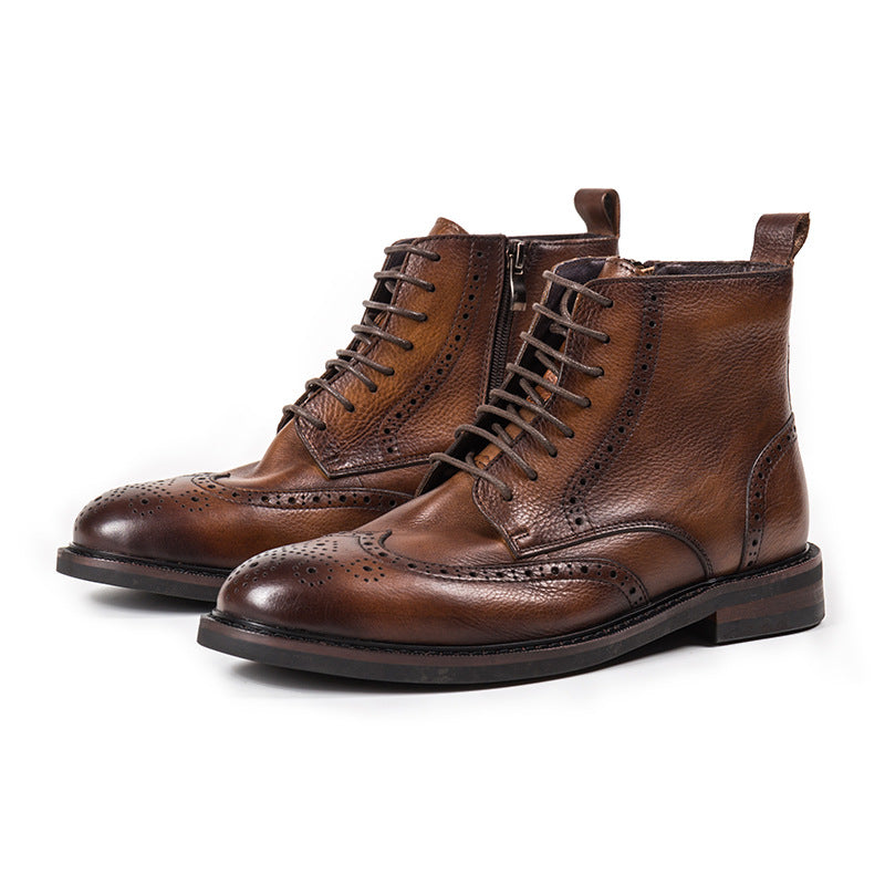 8 Hole zipper brogue engraved martin boots round high top ankle boots