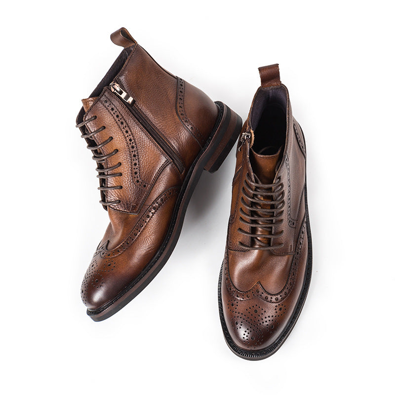 8 Hole zipper brogue engraved martin boots round high top ankle boots