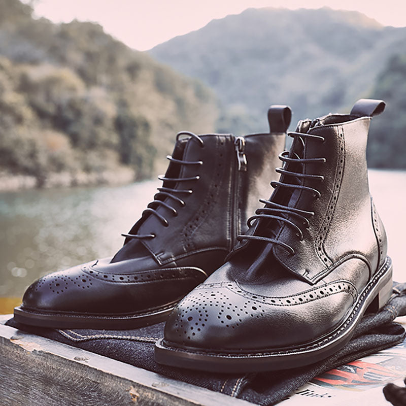 8 Hole zipper brogue engraved martin boots round high top ankle boots