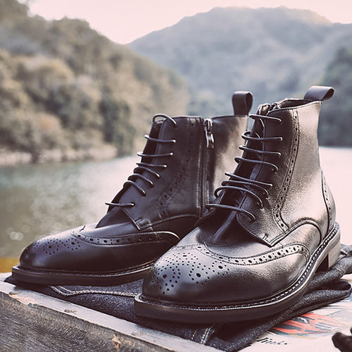 8 Hole zipper brogue engraved martin boots round high top ankle boots